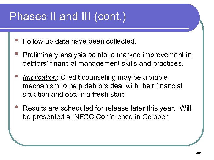 Phases II and III (cont. ) • • Follow up data have been collected.