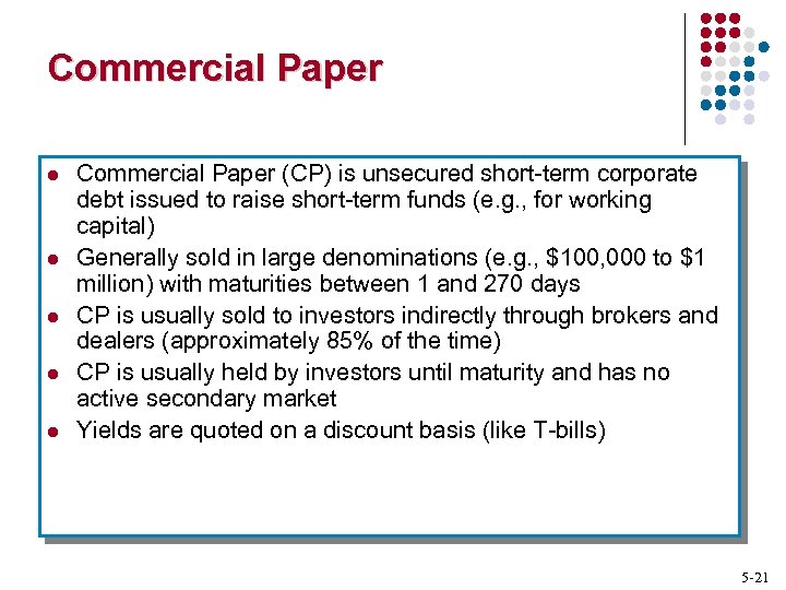Commercial Paper l l l Commercial Paper (CP) is unsecured short-term corporate debt issued