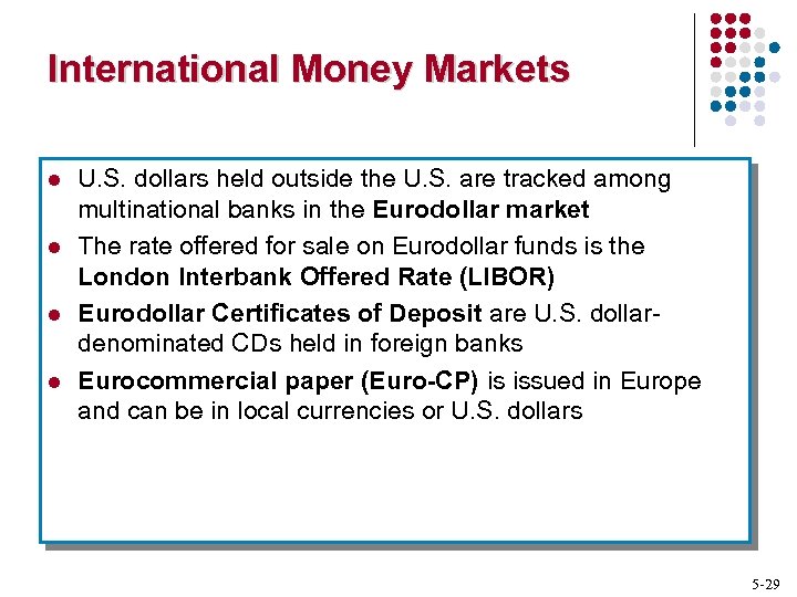 International Money Markets l l U. S. dollars held outside the U. S. are