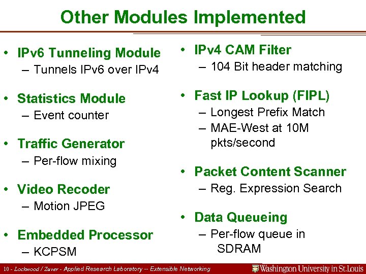 Other Modules Implemented • IPv 6 Tunneling Module – Tunnels IPv 6 over IPv