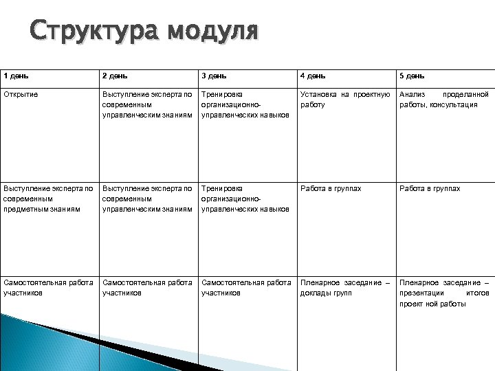 Структура модуля 1 день 2 день 3 день 4 день 5 день Открытие Выступление