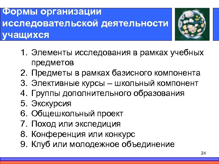 Формы организации исследовательской деятельности учащихся 1. Элементы исследования в рамках учебных предметов 2. Предметы
