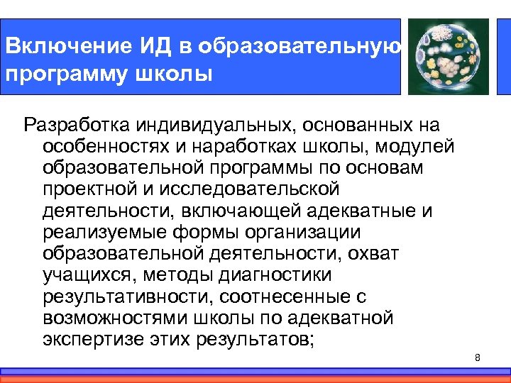 Включение ИД в образовательную программу школы Разработка индивидуальных, основанных на особенностях и наработках школы,