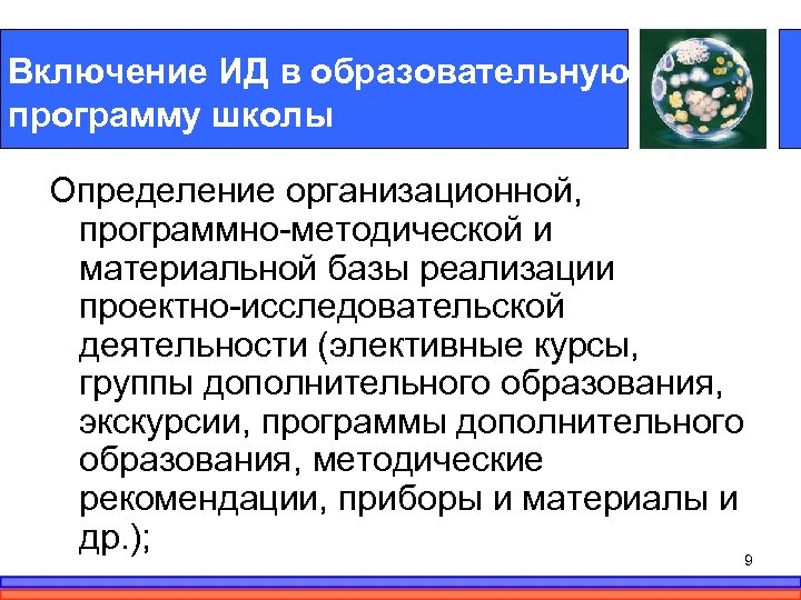 Включение ИД в образовательную программу школы Определение организационной, программно-методической и материальной базы реализации проектно-исследовательской