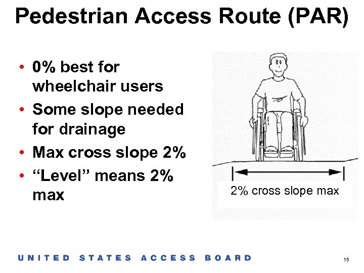 Pedestrian Access Route (PAR) • 0% best for wheelchair users • Some slope needed