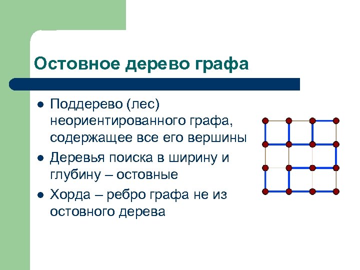 Остовное дерево графа l l l Поддерево (лес) неориентированного графа, содержащее все его вершины