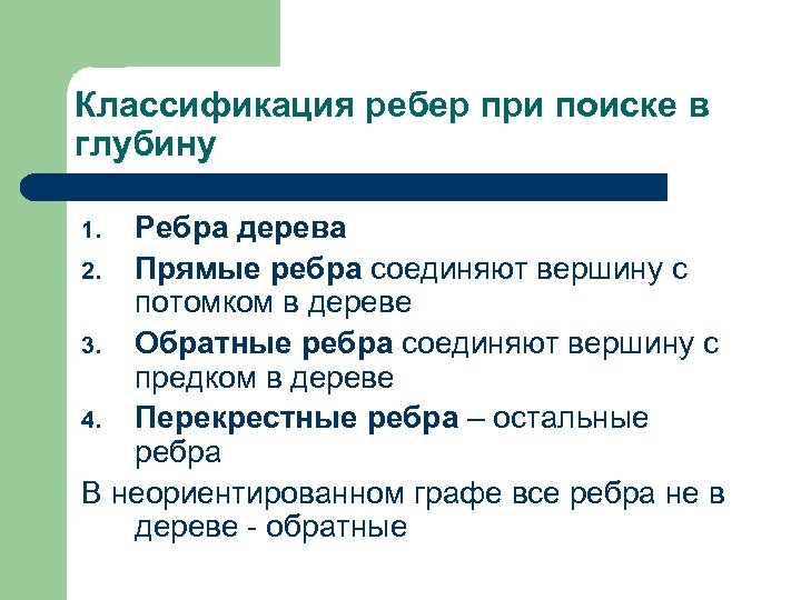 Классификация ребер при поиске в глубину Ребра дерева 2. Прямые ребра соединяют вершину с