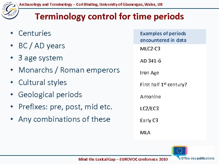 Archaeology and Terminology – Ceri Binding, University of Glamorgan, Wales, UK Terminology control for