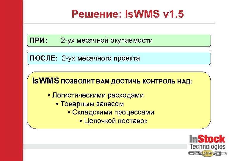 Решение: Is. WMS v 1. 5 ПРИ: 2 -ух месячной окупаемости ПОСЛЕ: 2 -ух