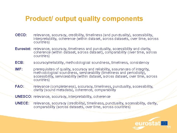 Product/ output quality components OECD: relevance, accuracy, credibility, timeliness (and punctuality), accessibility, interpretability, coherence