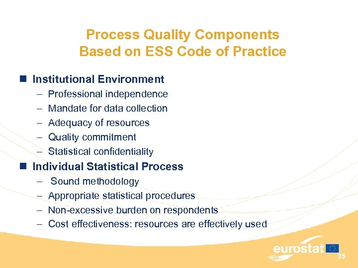 Process Quality Components Based on ESS Code of Practice n Institutional Environment – –