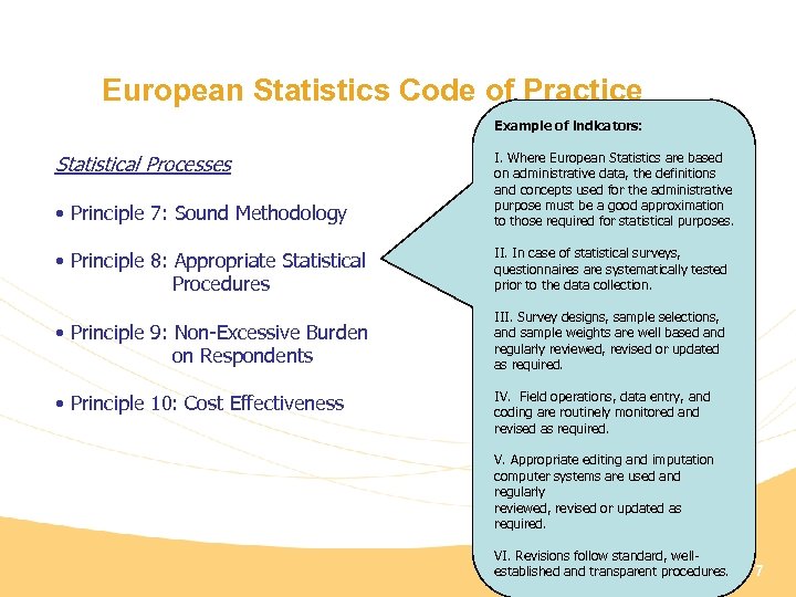 European Statistics Code of Practice Example of indicators: • Principle 7: Sound Methodology I.