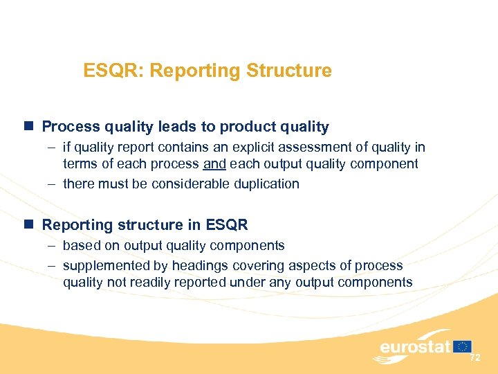 ESQR: Reporting Structure n Process quality leads to product quality – if quality report