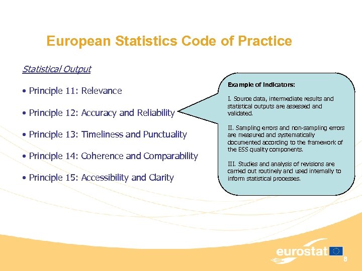 European Statistics Code of Practice Statistical Output • Principle 11: Relevance • Principle 12: