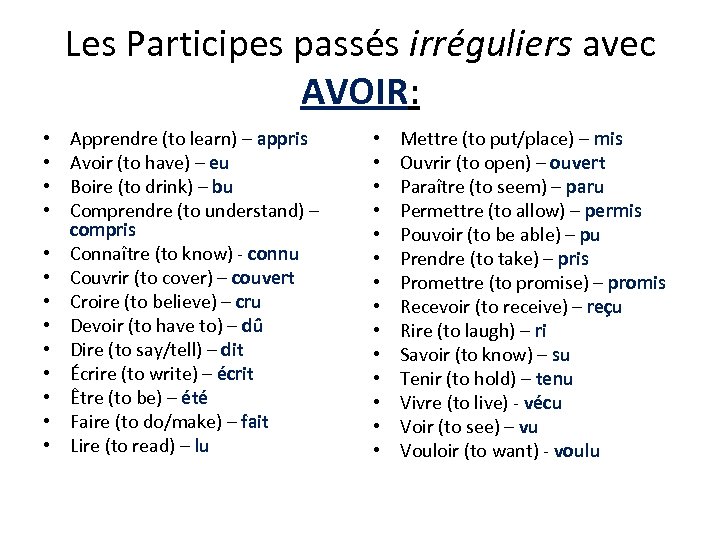 Les Participes passés irréguliers avec AVOIR: • • • • Apprendre (to learn) –