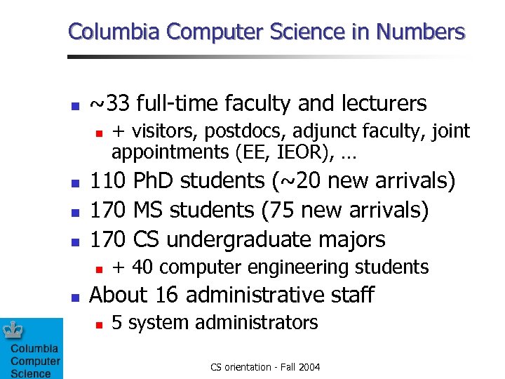 Columbia Computer Science in Numbers n ~33 full-time faculty and lecturers n n 110