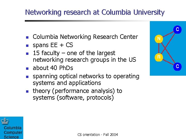 Networking research at Columbia University n n n Columbia Networking Research Center spans EE