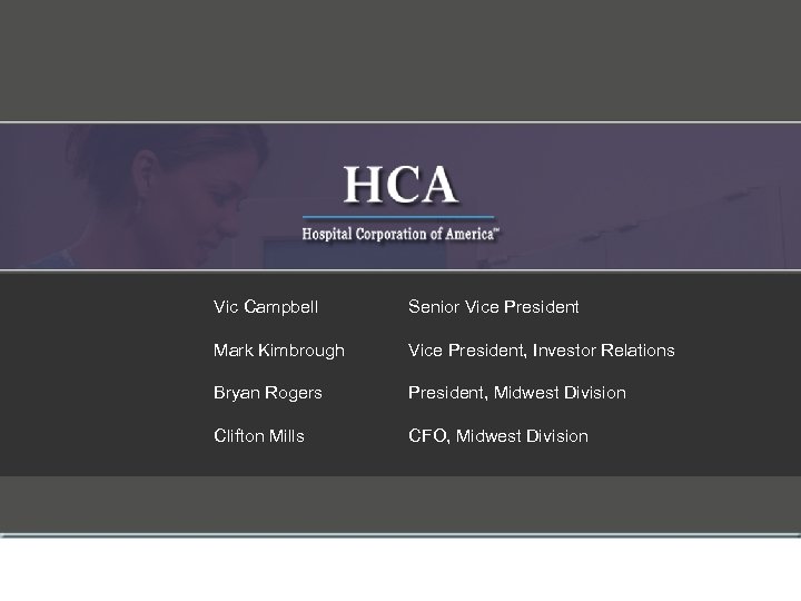 Vic Campbell Senior Vice President Mark Kimbrough Vice President, Investor Relations Bryan Rogers President,