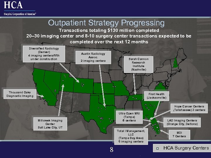 Outpatient Strategy Progressing Transactions totaling $130 million completed 20– 30 imaging center and 8