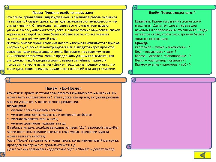 Приём “Корзина идей, понятий, имен” Это прием организации индивидуальной и групповой работы учащихся на
