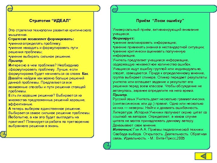 Стратегия “ИДЕАЛ” Приём “Лови ошибку” Это стратегия технологии развития критического мышления. Стратегия позволяет формировать: