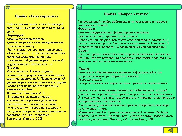 Приём «Хочу спросить» Рефлексивный прием, способствующий организации эмоционального отклика на уроке. . Формирует: •