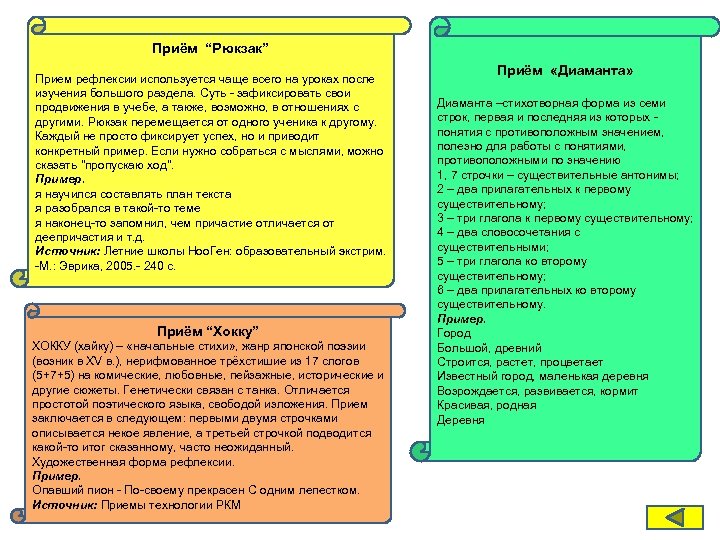 Приём “Рюкзак” Прием рефлексии используется чаще всего на уроках после изучения большого раздела. Суть