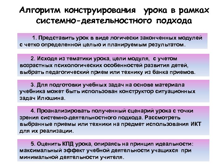 Алгоритм конструирования урока в рамках системно-деятельностного подхода 1. Представить урок в виде логически законченных