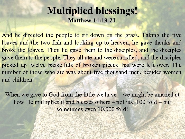 Multiplied blessings! Matthew 14: 19 -21 And he directed the people to sit down