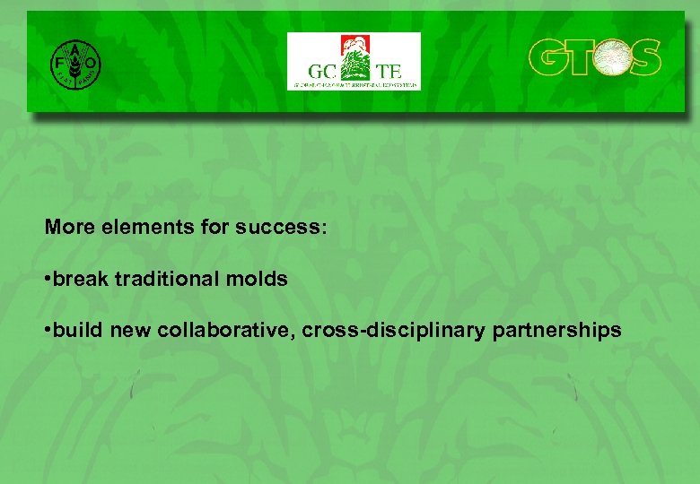 More elements for success: • break traditional molds • build new collaborative, cross-disciplinary partnerships