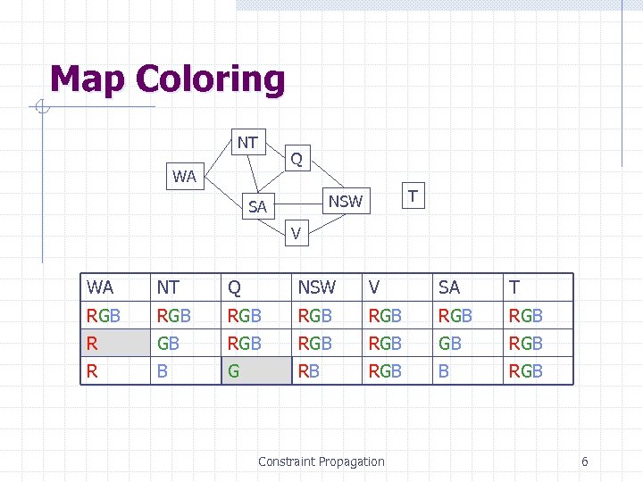 Map Coloring NT Q WA T NSW SA V WA NT Q NSW V