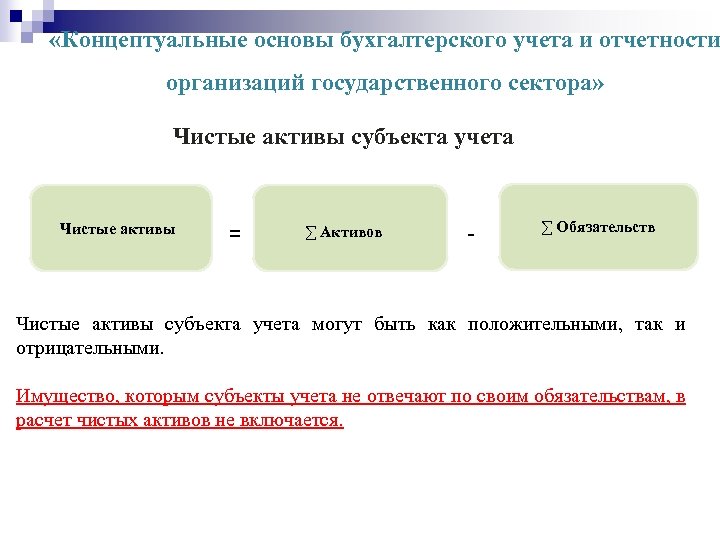  «Концептуальные основы бухгалтерского учета и отчетности организаций государственного сектора» Чистые активы субъекта учета