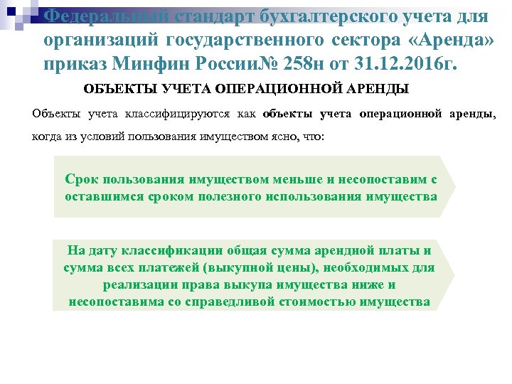Федеральный стандарт бухгалтерского учета для организаций государственного сектора «Аренда» приказ Минфин России№ 258 н