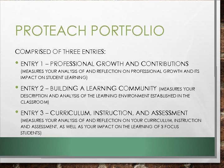 PROTEACH PORTFOLIO COMPRISED OF THREE ENTRIES: • ENTRY 1 – PROFESSIONAL GROWTH AND CONTRIBUTIONS