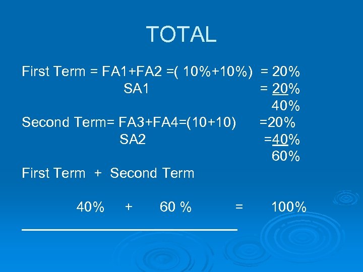 TOTAL First Term = FA 1+FA 2 =( 10%+10%) = 20% SA 1 =