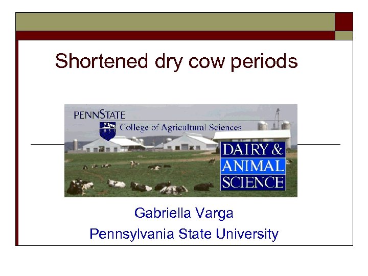 Shortened dry cow periods Gabriella Varga Pennsylvania State University 