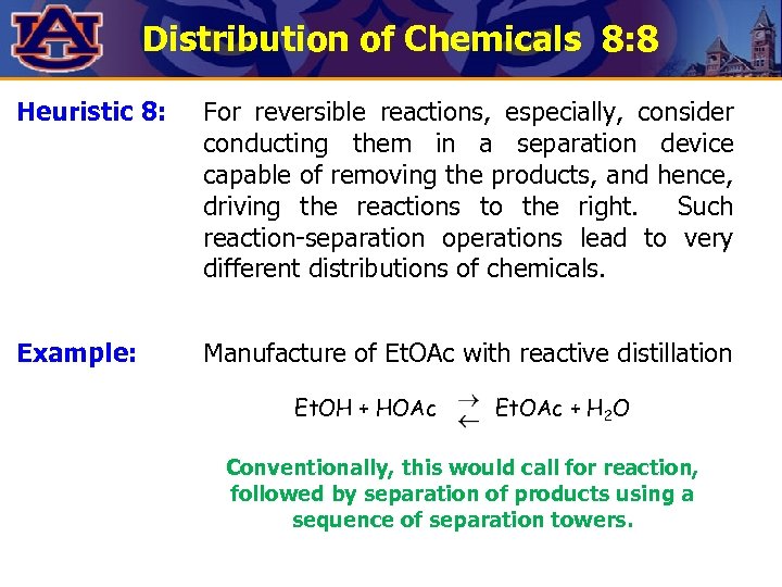 Distribution of Chemicals 8: 8 Heuristic 8: For reversible reactions, especially, consider conducting them