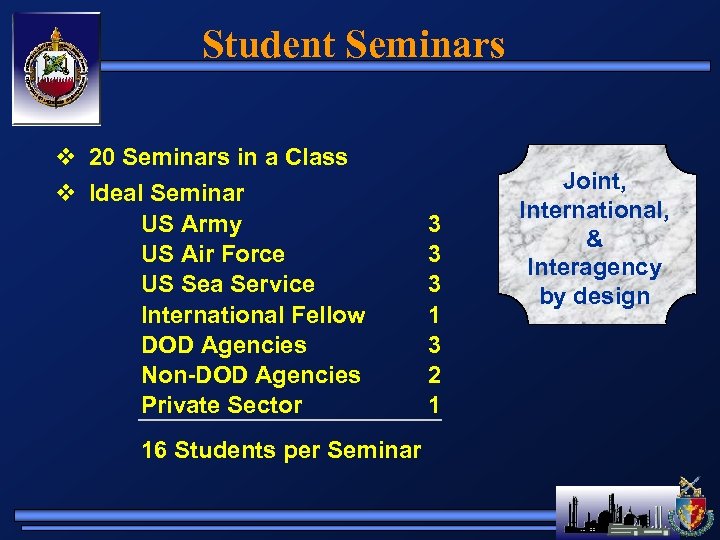 Student Seminars v 20 Seminars in a Class v Ideal Seminar US Army US
