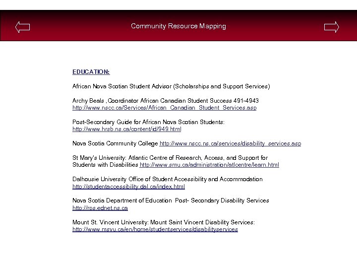 Community Resource Mapping EDUCATION: African Nova Scotian Student Advisor (Scholarships and Support Services) Archy