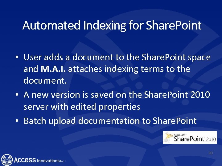 Automated Indexing for Share. Point • User adds a document to the Share. Point