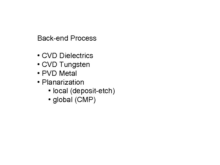 Back-end Process • CVD Dielectrics • CVD Tungsten • PVD Metal • Planarization •