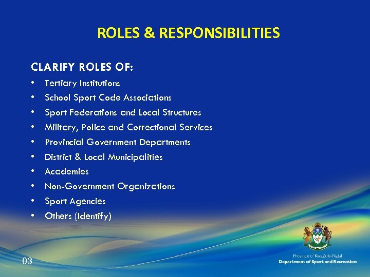 ROLES & RESPONSIBILITIES CLARIFY ROLES OF: • • • 03 Tertiary Institutions School Sport