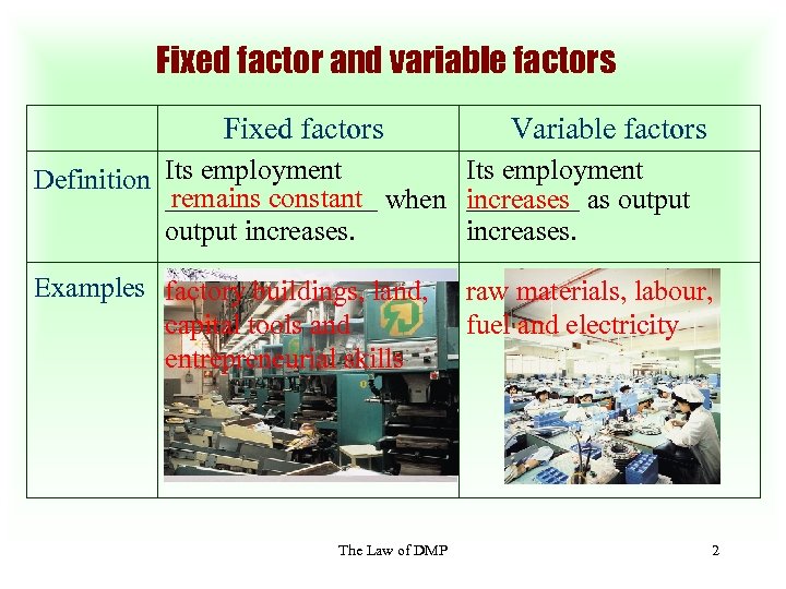 Fixed factor and variable factors Fixed factors Variable factors Its employment Definition Its employment