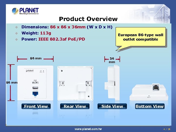 Product Overview u Dimensions: 86 x 36 mm (W x D x H) u
