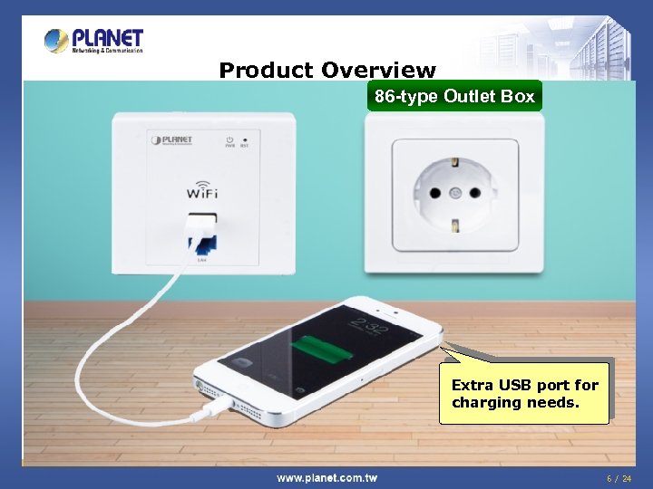 Product Overview 86 -type Outlet Box Extra USB port for charging needs. 6 /