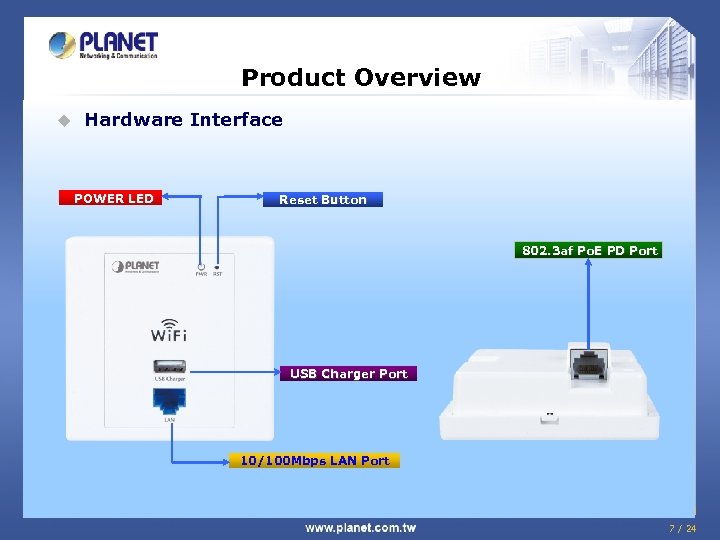 Product Overview u Hardware Interface POWER LED Reset Button 802. 3 af Po. E