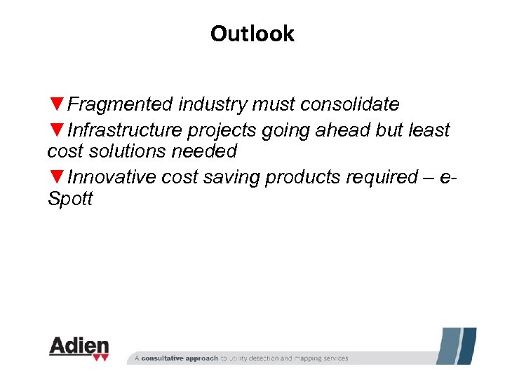 Outlook ▼Fragmented industry must consolidate ▼Infrastructure projects going ahead but least cost solutions needed