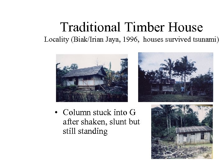 Traditional Timber House Locality (Biak/Irian Jaya, 1996, houses survived tsunami) • Column stuck into