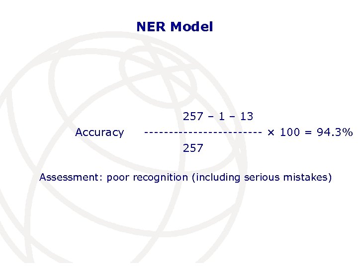 NER Model Accuracy 257 – 13 ------------ × 100 = 94. 3% 257 Assessment: