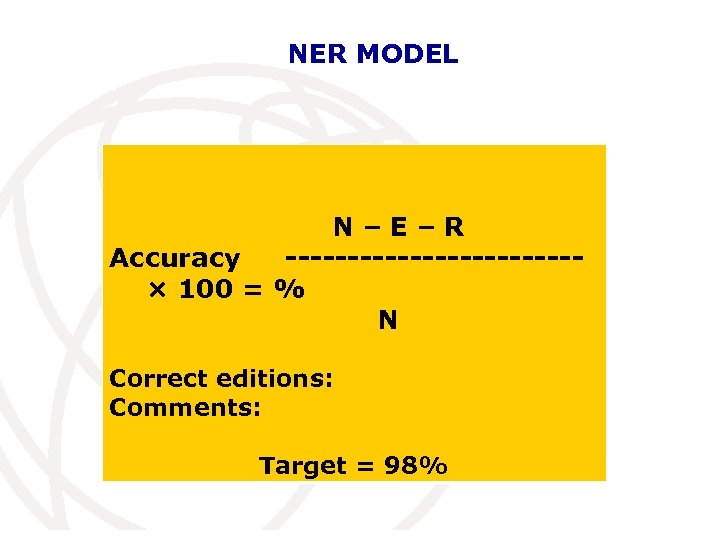 NER MODEL N–E–R Accuracy ------------× 100 = % N Correct editions: Comments: Target =